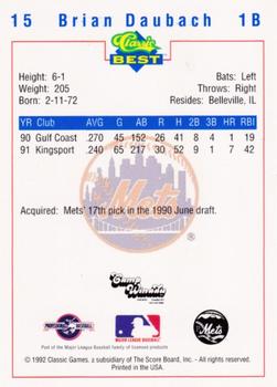 1992 Classic Best Pittsfield Mets #15 Brian Daubach Back