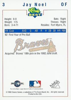1992 Classic Best Pulaski Braves #3 Jay Noel Back