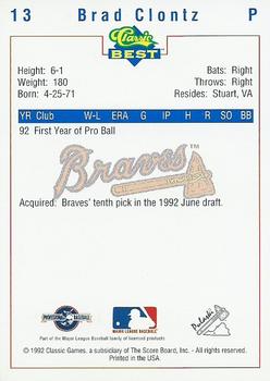 1992 Classic Best Pulaski Braves #13 Brad Clontz Back