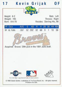 1992 Classic Best Pulaski Braves #17 Kevin Grijak Back