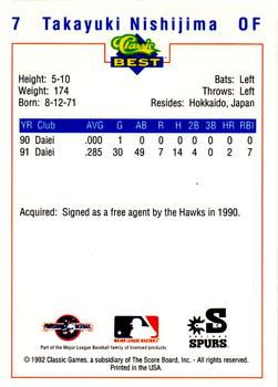 1992 Classic Best Salinas Spurs #7 Takayuki Nishijima Back