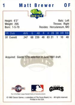 1992 Classic Best San Jose Giants #1 Matt Brewer Back