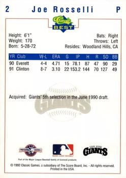 1992 Classic Best San Jose Giants #2 Joe Rosselli Back