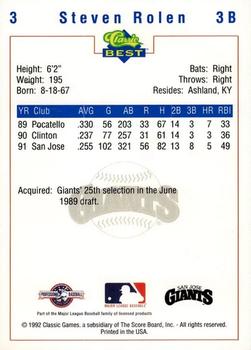 1992 Classic Best San Jose Giants #3 Steven Rolen Back