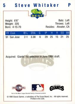 1992 Classic Best San Jose Giants #5 Steve Whitaker Back