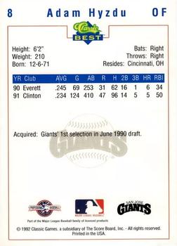 1992 Classic Best San Jose Giants #8 Adam Hyzdu Back