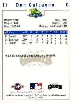 1992 Classic Best San Jose Giants #11 Dan Calcagno Back