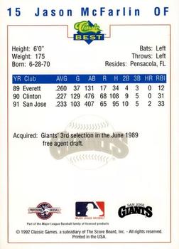 1992 Classic Best San Jose Giants #15 Jason McFarlin Back