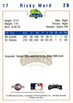 1992 Classic Best San Jose Giants #17 Ricky Ward Back