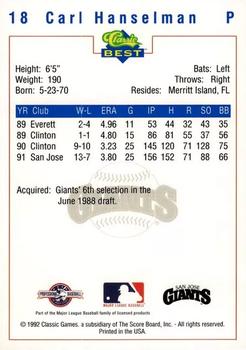 1992 Classic Best San Jose Giants #18 Carl Hanselman Back
