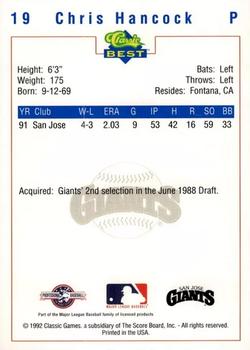1992 Classic Best San Jose Giants #19 Chris Hancock Back