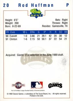 1992 Classic Best San Jose Giants #20 Rod Huffman Back