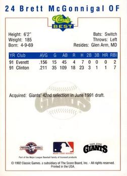 1992 Classic Best San Jose Giants #24 Brett McGonnigal Back