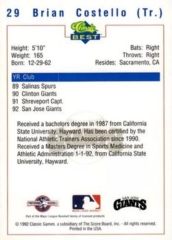 1992 Classic Best San Jose Giants #29 Brian J. Costello Back