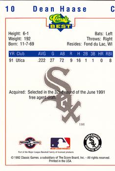 1992 Classic Best Sarasota White Sox #10 Dean Haase Back