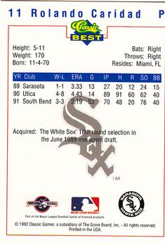 1992 Classic Best Sarasota White Sox #11 Rolando Caridad Back