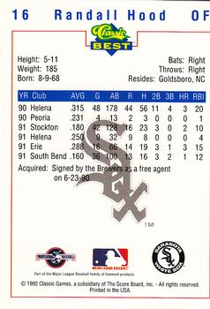 1992 Classic Best Sarasota White Sox #16 Randall Hood Back
