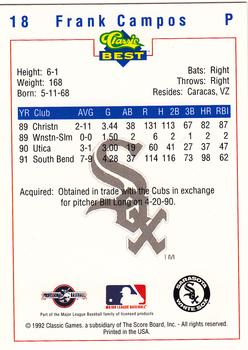 1992 Classic Best Sarasota White Sox #18 Frank Campos Back