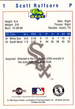 1992 Classic Best Sarasota White Sox #1 Scott Ruffcorn Back