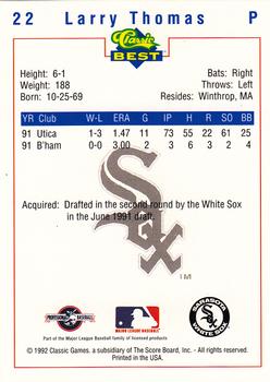 1992 Classic Best Sarasota White Sox #22 Larry Thomas Back
