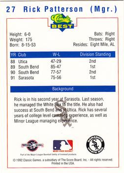 1992 Classic Best Sarasota White Sox #27 Rick Patterson Back