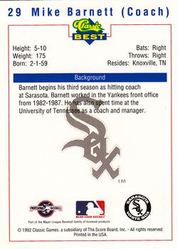 1992 Classic Best Sarasota White Sox #29 Mike Barnett Back