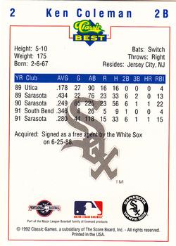 1992 Classic Best Sarasota White Sox #2 Ken Coleman Back