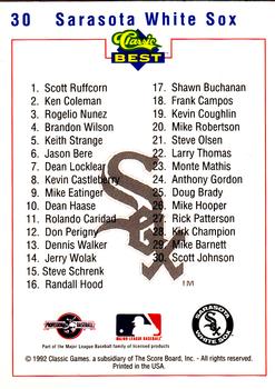 1992 Classic Best Sarasota White Sox #30 Scott Johnson Back