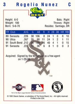 1992 Classic Best Sarasota White Sox #3 Rogelio Nunez Back
