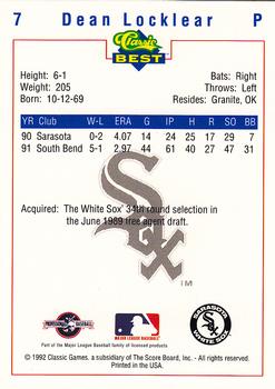 1992 Classic Best Sarasota White Sox #7 Dean Locklear Back