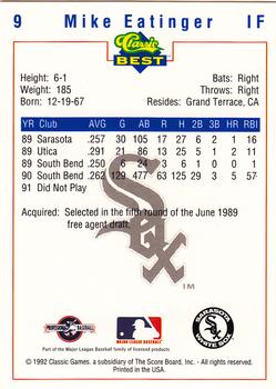 1992 Classic Best Sarasota White Sox #9 Mike Eatinger Back