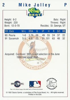 1992 Classic Best Savannah Cardinals #2 Mike Jolley Back