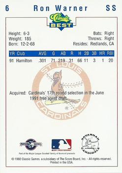 1992 Classic Best Savannah Cardinals #6 Ron Warner Back