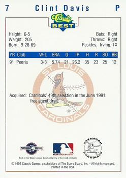 1992 Classic Best Savannah Cardinals #7 Clint Davis Back