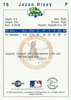 1992 Classic Best Savannah Cardinals #16 Jason Hisey Back