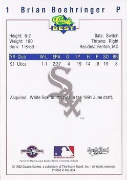 1992 Classic Best South Bend White Sox #1 Brian Boehringer Back