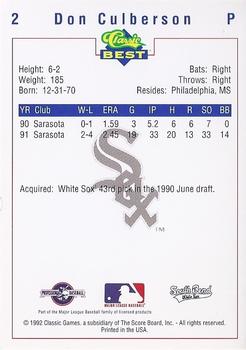 1992 Classic Best South Bend White Sox #2 Don Culberson Back