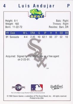 1992 Classic Best South Bend White Sox #4 Luis Andujar Back