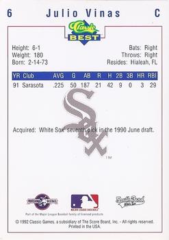 1992 Classic Best South Bend White Sox #6 Julio Vinas Back
