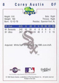 1992 Classic Best South Bend White Sox #8 Corey Austin Back