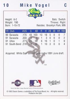 1992 Classic Best South Bend White Sox #10 Mike Vogel Back