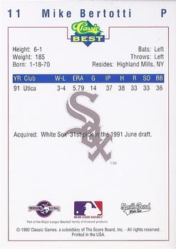 1992 Classic Best South Bend White Sox #11 Mike Bertotti Back