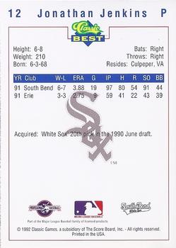 1992 Classic Best South Bend White Sox #12 Jonathan Jenkins Back