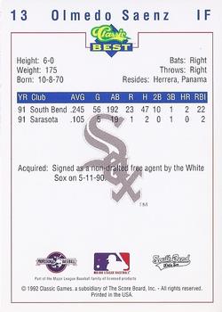 1992 Classic Best South Bend White Sox #13 Olmedo Saenz Back