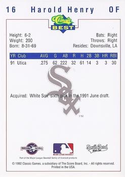 1992 Classic Best South Bend White Sox #16 Harold Henry Back