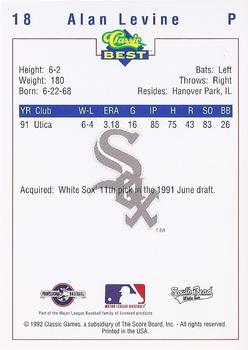 1992 Classic Best South Bend White Sox #18 Alan Levine Back