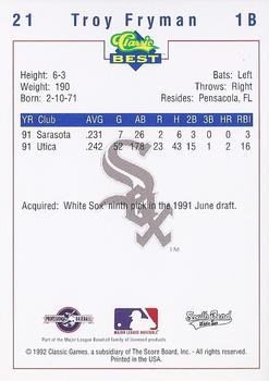 1992 Classic Best South Bend White Sox #21 Troy Fryman Back