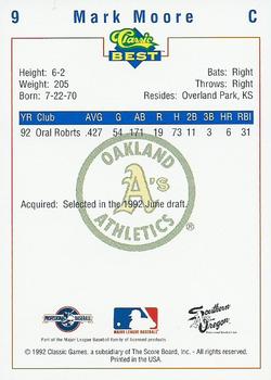 1992 Classic Best Southern Oregon A's #9 Mark Moore Back