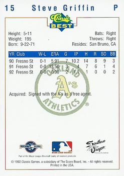 1992 Classic Best Southern Oregon A's #15 Steve Griffin Back