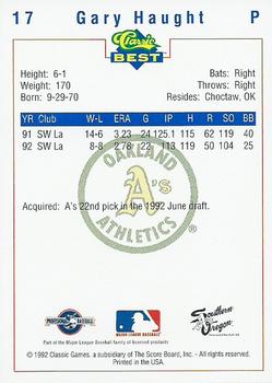 1992 Classic Best Southern Oregon A's #17 Gary Haught Back